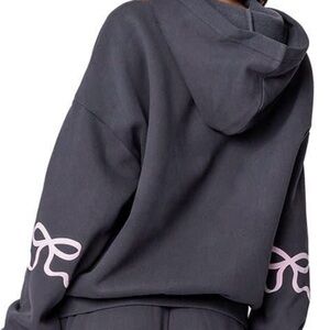 Edikted Dark Gray Hoodie Pink Bow Sleeve Graphic Women’s Size L Streetwear